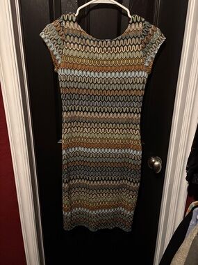 Cato Cap-Sleeve Midi Dress in Blue, Brown & Cream Wave Print